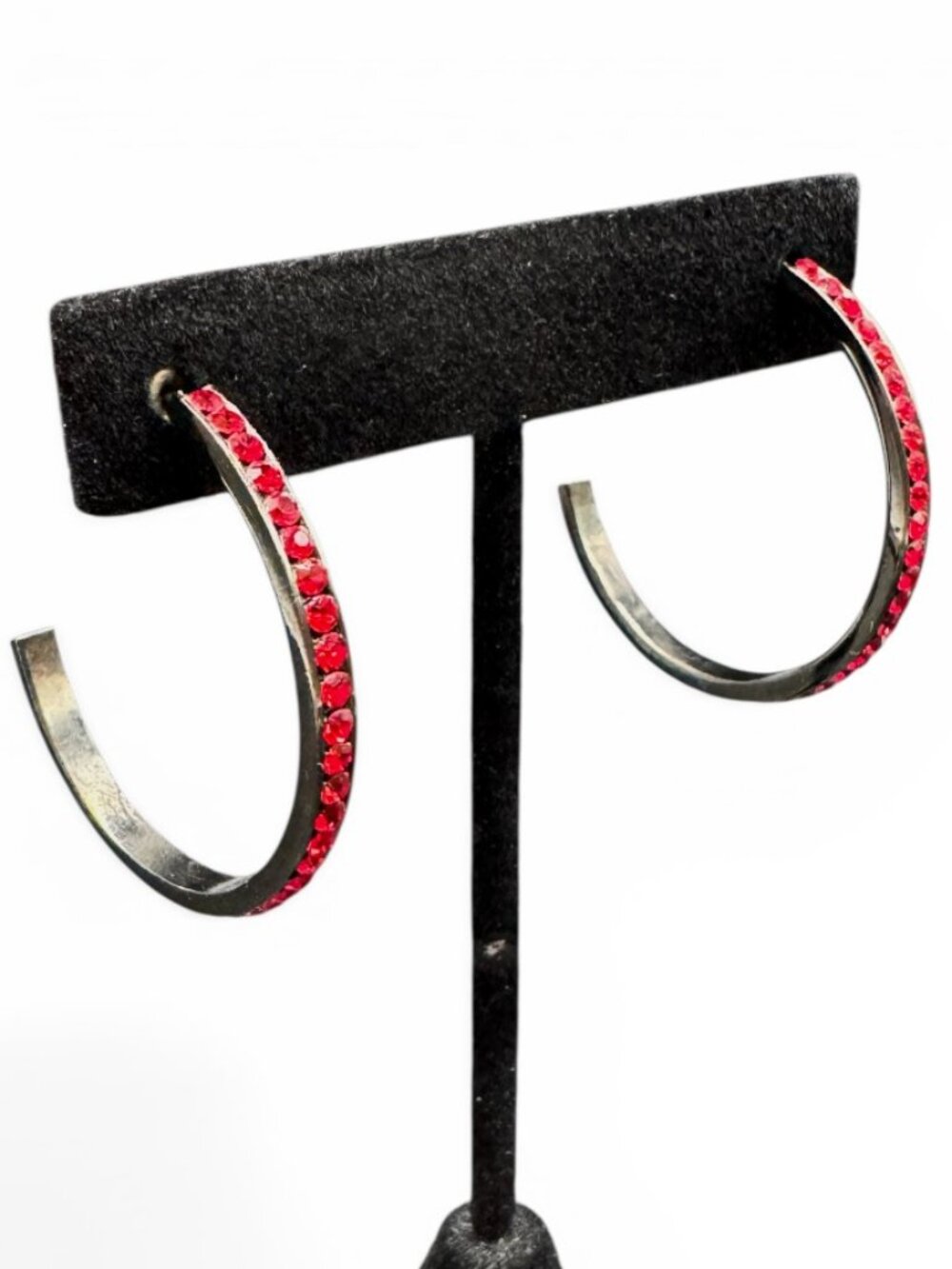 Pierced hoop Earrings silver tone with red stones
